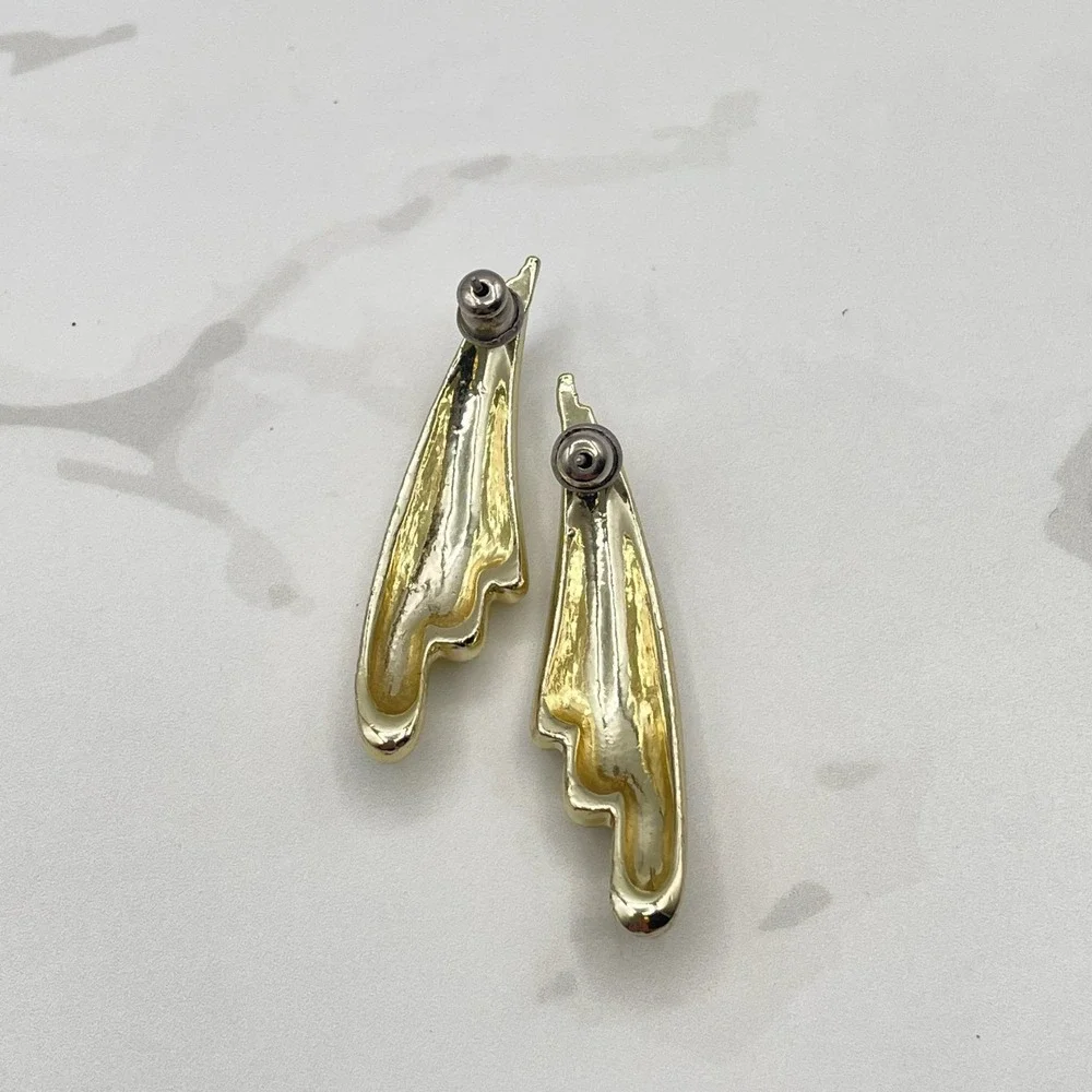 Vintage VTG Gold Tone Dangle Earrings Shiny Abstract Wing‎ Mid-Century Modern